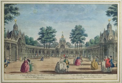 En udsigt over de kinesiske pavilloner og kasser i Vauxhall Gardens, 1751 (farvegravering) af English School